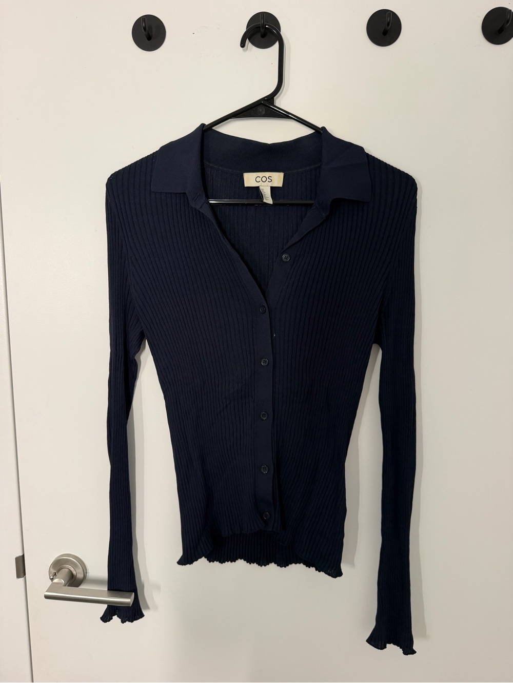 COS Navy Ribbed Collared Button-Front Top
